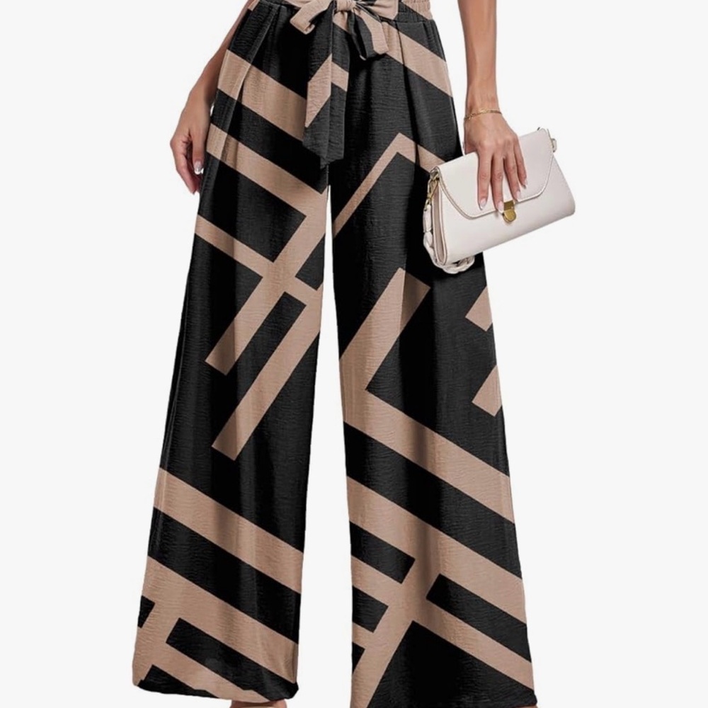 Lepunuo Black and Tan Geometric Wide-Leg Pants with Tie size M EUC